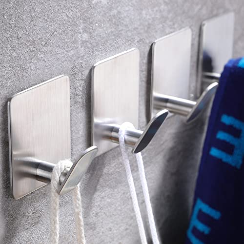 DELITON Adhesive Towel Hooks on Wall: Robe Hooks for Hanging Clothes Hats Stick on Bathroom/Kitchen SUS 304 Stainless Steel Silver - color: Silver