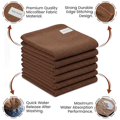 Ameri-Homes Microfiber Cleaning Cloths 12 x 12 Inches, 400 GSM Ultra Soft, Lint-Free & Scratch-Free, Highly Absorbent Towels for Car, Kitchen, Glass & Home Cleaning, Pack of 6 (Brown) - color: Brown