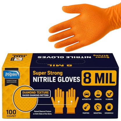 Inspire Heavy Duty Orange Nitrile Gloves | ULTRA 8 Mil Diamond Textured Grip | Industrial Mechanic Disposable Cleaning Gloves - size: X-Large