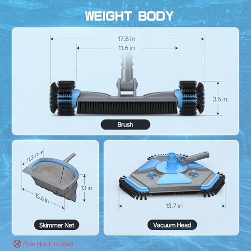 UIRWAY 3-in-1 Deluxe Swimming Pool Cleaning Kit - Includes Upgrade Heavy Duty Triangular Pool Vacuum Head, Detachable Brush, Deep Leaf Skimmer Net Inground & Above Ground Pools Cleaning(No Pole) - size: 13.5" Vacuum Head
