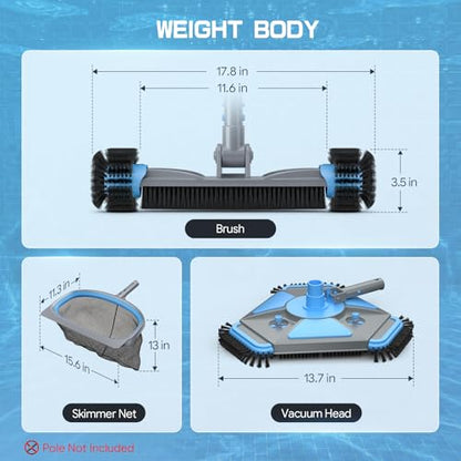 UIRWAY 3-in-1 Deluxe Swimming Pool Cleaning Kit - Includes Upgrade Heavy Duty Triangular Pool Vacuum Head, Detachable Brush, Deep Leaf Skimmer Net Inground & Above Ground Pools Cleaning(No Pole) - size: 13.5" Vacuum Head