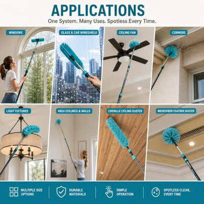 High Ceiling Duster Kit with 3-7T Heavy Duty Extension Pole, Reaches Up to 25FT, Includes Microfiber Feather Duster, Cobweb and Ceiling Fan Duster, Window Squeegee Cleaner & Skylight Hook (7FT) - size: 7FT