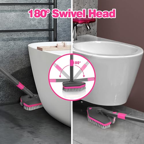 NEWE Shower Cleaner Brush, Tub Tile Scrubber with Telescopic Long Handle 60 inches, 4 Scrub Heads for Cleaning Bathroom Bathtub Floor Baseboard Sink Kitchen Toilet (Grey Red)