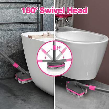 NEWE Shower Cleaner Brush, Tub Tile Scrubber with Telescopic Long Handle 60 inches, 4 Scrub Heads for Cleaning Bathroom Bathtub Floor Baseboard Sink Kitchen Toilet (Grey Red)