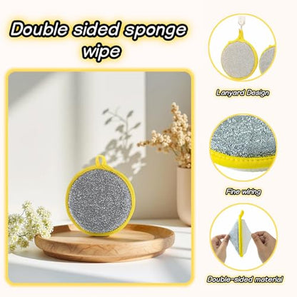 Double Sided Kitchen Sponges for Dishes, Round Scrubbing Pads with Steel Wire Nylon and High Elasticity Sponge, Non Scratch Cleaning Pads with Hanging Loop for Dishes, Pots, Sinks & Bathroom