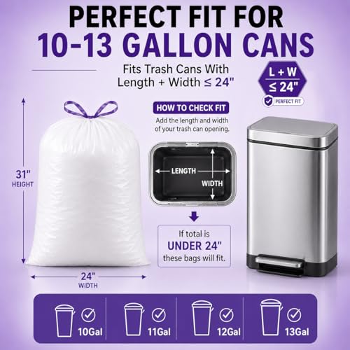 13 Gallon Tall Kitchen Trash Bags, 200 Count Lavender Scented | Drawstring Closure Odor Control Leak Resistant Tear Resistant Easy Tie Handles
