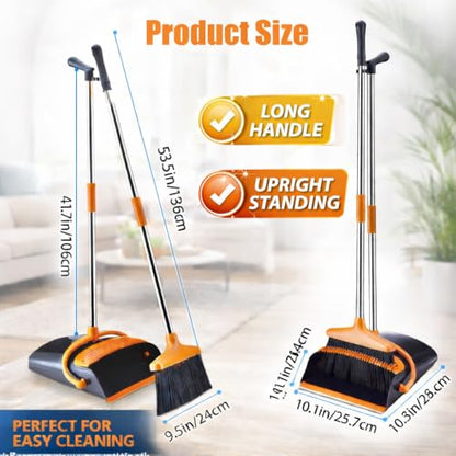Broom and Dustpan Set with Long Handle, Upright Standing Self-Cleaning Combo, Windproof Dustpan with 6 Bonus Cleaning Tools for Pet Hair, Home, Kitchen, Garage & Apartment - color: Orange&black