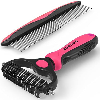 Docrok Pet Grooming Brush & Comb Combo, Cat & Dog Brush for Shedding & Dematting, Undercoat Rake for Long-haired Pets, Pink - color: Pink