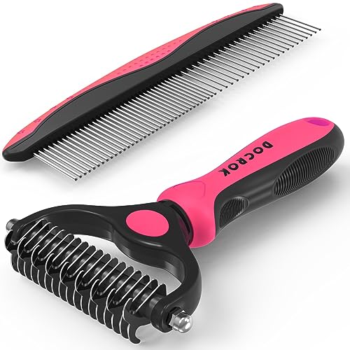 Docrok Pet Grooming Brush & Comb Combo, Cat & Dog Brush for Shedding & Dematting, Undercoat Rake for Long-haired Pets, Pink - color: Pink