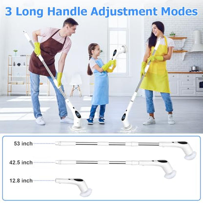 Electric Spin Scrubber, Cordless 3 Speeds Cleaning Brush 430 RPM, Adjustable/Detachable Long Handle, Shower Scrubber for Bathroom, Car, Floor, Shower Cleaning Brush with 9 Replaceable Brushes (White)