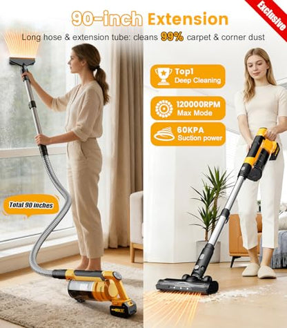 qimedo 8000mAh Cordless Vacuum Cleaner with 2 Batteries V2, 700W Powerful Suction, 90 Inch Extension Tube & 2L Dust Cup, 7 in 1 Stick Vacuum for Home, Hardwood Floor, Pet Hair