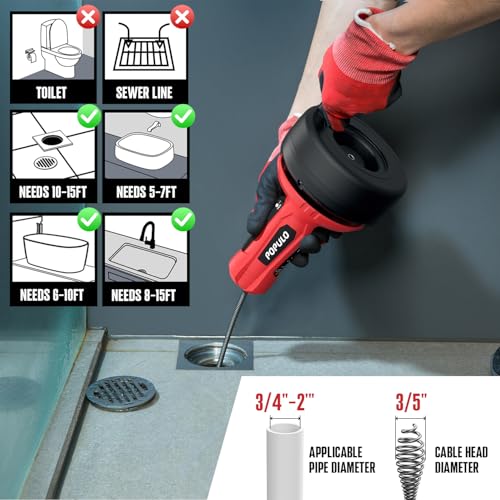 POPULO Auto-Feed 17FT Drain Snake Auger for 3/4"-2" Pipe, Plumbing Snake Drain Auger with Drill Adapter, Sink Snake Drain Hair Remover for Kitchen, Bathroom and Shower Sink, PMDA-5 - style: 16Ft