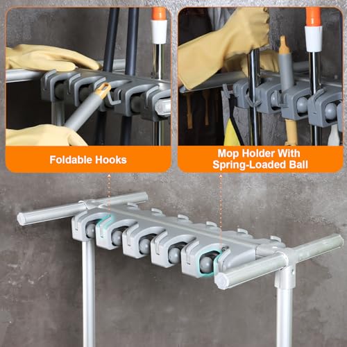 Mobile Mop and Broom Holder，Efficient Storage Solution for Cleaning Tools Keep Your Tools Handy and Organized