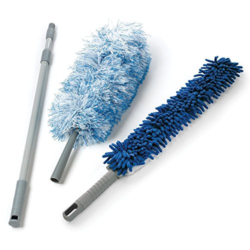 O-Cedar Dual-Action Microfiber Duster Set w/Telescopic Handle | Long, Adjustable Handle Extends 24-49" | Includes Microfiber & Chenille Duster Heads - size: 3 Piece Set