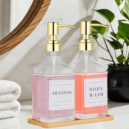 Dish and Hand Soap Dispenser for Kitchen,Glass Soap Dispenser with Pump,Tray,Funnel, Set of 2 Countertop Soap and Lotion Dispenser for Bathroom,Shower,500ml/16.9oz, - color: Ks-5070-28y-2g
