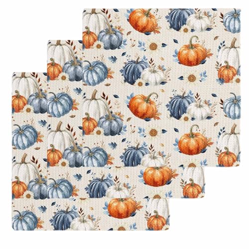 Fall Blue Orange Pumpkin Dish Towels Set, Waffle Weave Kitchen Towels 3 Pieces, Autumn Thanksgiving Retro Leaf Microfiber Hair Face Bath Tea Towel Absorbent Quick Drying Cleaning Dish Cloths, 12"x12" - color: Blue Biscotti Beige, size: 3PCS,12"x12"