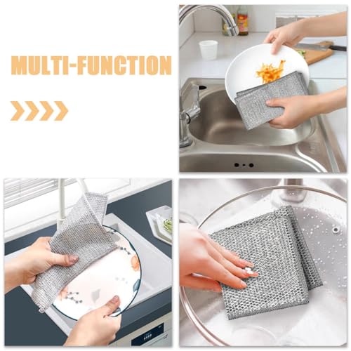 INOOMP 10pcs Reusable Wire Mesh Dishwashing Rags Scrub Pads Silver Double-Layer Kitchen Cleaning Cloths for Non-Scratch Dish and Bowl Washing
