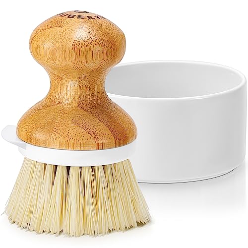 SUBEKYU Bamboo Dish Brush, Kitchen Dish Scrubber Brush with Soap Dispenser, Natural Wooden Dishwashing Brush for Cleaning Dishes/Pans/Pots, Built-in Scraper, Sisal Bristles,1 Set