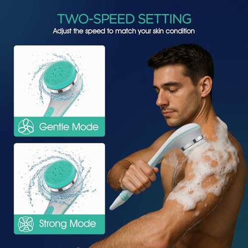 VOYOR Electric Silicone Body Scrubber, Back Scrubber for Shower, Waterproof Long Handle Body Brush, Rechargeable Power Bath Brush for Cleansing, Exfoliating, Massaging Skin BC100 (Blue) - color: Blue