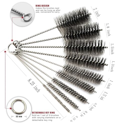 Pipe Cleaning Brush Set Stainless Steel Bristles, Stainless Steel Pipe Brush Steel Bottle Brush 9 Piece Variety Pack for Auto Parts, Bottles, Tubes, Etc. - size: 8 Inch
