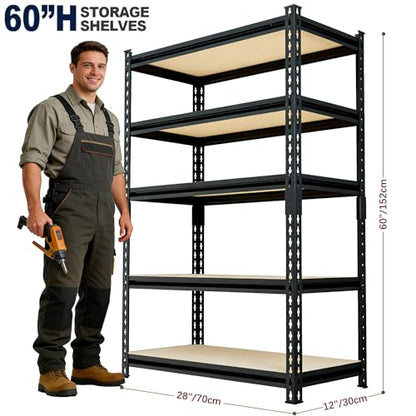 60" H x28 W x12 D: Father&I 5-Shelf-Storage-Rack Metal+Wood Garage/Kitchen Pantry Shelves Steel Utility Stand Shelving Unit Adjustable Heavy-Duty Shed Closet/Attic/Laundry Organizer, Black - size: 60*28*12 Wood-5T