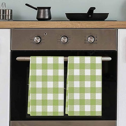 Farmhouse Buffalo Plaid Green Kitchen Towel Set of 3, Absorbent Microfiber Hand Towels for Kitchen Bathroom Bar Decorative Check Country Ultra Soft Resuable Cleaning Cloths Washable Fast Drying - size: 3PCS-18" x 28"