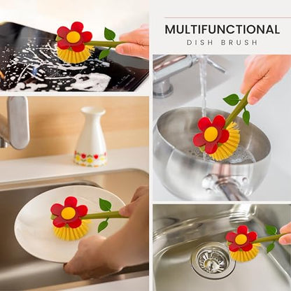 Vigar Flower Power Dish Brush - Flower-Shaped, Dish Brush with Handle, Dish Scrubber with Stand, Scrub Brush for Dishes, Dishwashing Brush, Kitchen Scrub Brush, Kitchen Essentials - White, Red - color: Red
