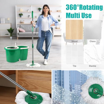 Spin Mop and Bucket with Wringer Set, 360° Spinning Mop Bucket System with 3 Microfiber Mop Replacement Heads and 61" Stainless Steel Adjustable Handle for Floor Cleaning (20QT) - color: Green