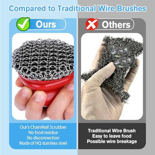 Cast Iron Scrubber and Scraper, Chain Mail Scrubber Cast Iron for Cleaning Dishes, Stock Pots, Pans, Griddles, Grills, Dish Scouring Pads - color: Red Coarse Mesh