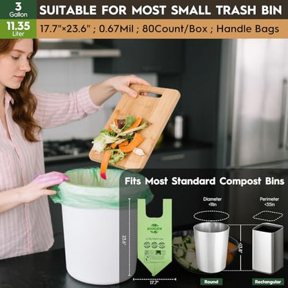 2.6-3 Gallon Compostable Trash Bags with Handles 80 Count 0.67 Mil 11.36 L Small Kitchen Wet Food Scrap Waste Compost Bag for Countertop Bin ASTM D6400 US BPI and OK Compost Home Certified - color: 3 Gal, Handles Bags, 80 Count