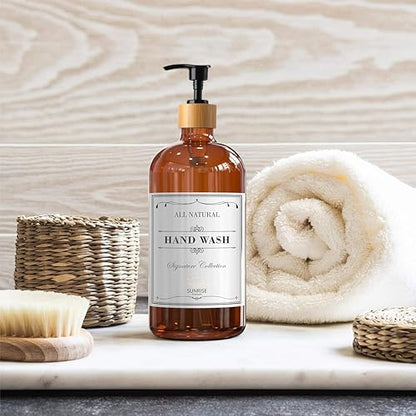Sunrise Premium 16 OZ Thick Amber Glass Soap Dispenser, Bamboo Pump with Tray 2 Pack, Hand and Dish Soap Dispenser Set for Bathroom with 6 Waterproof Labels - color: Plastic Bamboo Pump - Amber Glass Pack 2