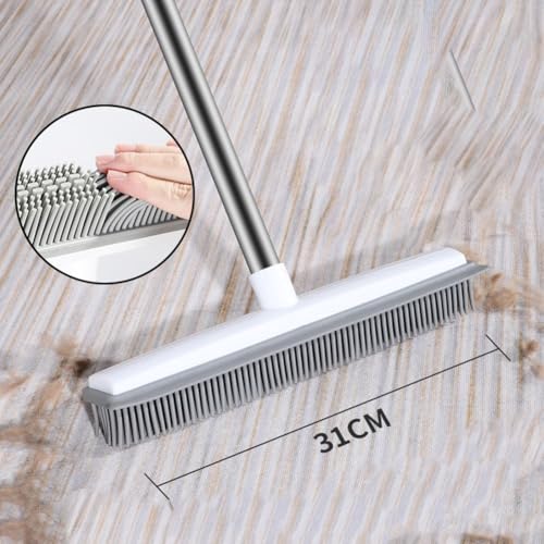 Rubber Cleaning Broom with Silicone Bristles and Stainless Steel Handle for Removing Pet Hair and Dust on Carpet Hardwood for Tile and Floor Surfaces