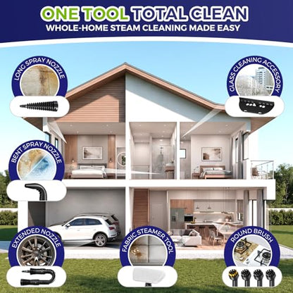 Handheld Steam Cleaner, 230°F Pressurized Steamer with No Water Spitting & Continuous Steam, 350ML Chemical-Free Deep Cleaning for Grease & Grime, 12 Accessories for Grout, Bathroom, Kitchen & Car