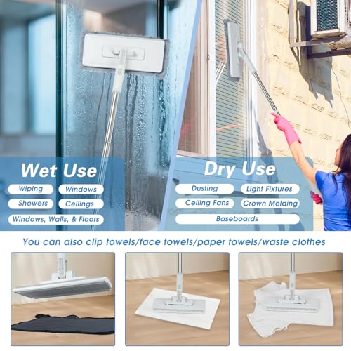 4 in 1 Disposable Dust Mop with Squeegee & Floor Scrub Brush with Long Handle, 2 Shiny Towels Wipes Cleaning Cloths, 2 Crevice Brush, Snap Grip Mini Mop for Windows Car Glass Floor Shower Bathroom