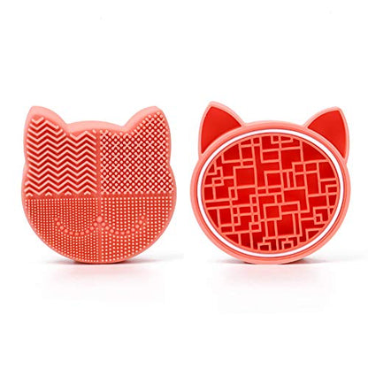 Silicon Makeup Brush Cleaner Mat with Drying Holder - Portable Cat Shaped Cosmetic Brush Cleaner Pad - New Orange - color: New Orange