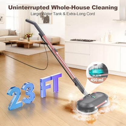 F6 Steam Mop Electric Rotating Steam Mop Head Pink, Large Tank, 23FT Cord, LED Headlights