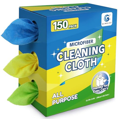 GLIMGLINT Microfiber Cleaning Cloth, 150 Pack Reusable Lint-Free Towels - Blue, Yellow & Green Soft Microfiber Towels for Home, Kitchen, Bathroom, Glass & Tables - 11"x9" Washable Shop Rags - color: Blue/Yellow/Green