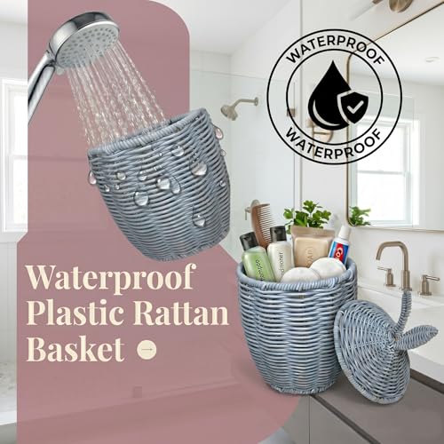 Plastic Rattan Basket with Lid,Waterproof Toilet Paper Storage Basket,Makeup Baskets Decor for Bathroom,Boho Decorative Organizer for Shelf,Living Room,Table,Bedside,Pet Room Container