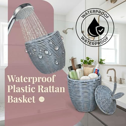 Plastic Rattan Basket with Lid,Waterproof Toilet Paper Storage Basket,Makeup Baskets Decor for Bathroom,Boho Decorative Organizer for Shelf,Living Room,Table,Bedside,Pet Room Container