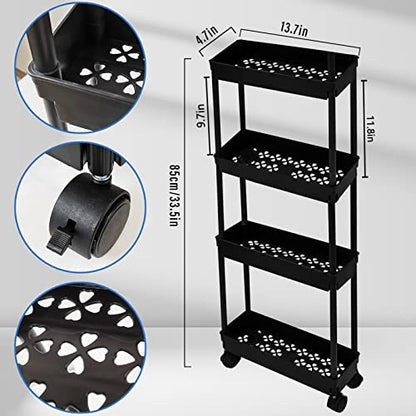 4 Tier Kitchen Bathroom Storage Rolling Cart 39 Inches Tall Slim Utility Rolling Shelf Cart with Wheels Coner Storage Shelves Cart, Black