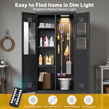 DWVO Metal Garage Storage Cabinet with Pegboard, 71" Tall Broom Cabinet with Lights, Adjustable Shelves, Heavy Duty Tool Storage Cabinet for Garage, Cleaning Room, Gym