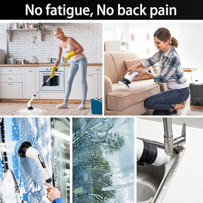 Cordless Electric Spin Scrubber - IPX7 Waterproof, LCD Display, 8 Brush Heads, Adjustable Extension Handle, for Shower, Bathtub, Tile, Grout, Kitchen, Bathroom Cleaning