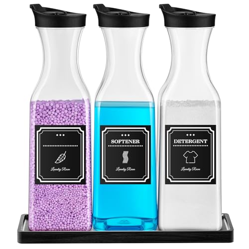 Laundry Detergent Dispenser,54OZ Laundry Soap Dispenser,Liquid Laundry Detergent Container,Fabric Softener Dispenser with Black Wood Tray,Laundry Room Organizer with 4 Labels - color: Black With Black Tray