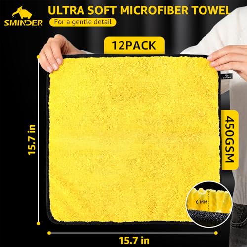 SMINDER 12-Pack Microfiber Cleaning Cloth, Car Drying Towels Car Detailing– XL Microfiber Towels for Cars, Trucks (15.7" x 15.7"), Ultra-Absorbent, Streak-Free, Scratch-Free, No Water Spots