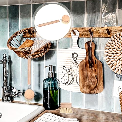 8 Pcs Wooden Dish Brush with Handle Bamboo Scrub Brush for Dishes with Dish Brush Replacement Head Dish Brush for Kitchen Cleaning Dishes