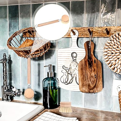 8 Pcs Wooden Dish Brush with Handle Bamboo Scrub Brush for Dishes with Dish Brush Replacement Head Dish Brush for Kitchen Cleaning Dishes