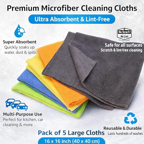 Microfiber Cleaning Cloths 5 Pack – Ultra Absorbent Lint-Free Reusable Kitchen & Car Cleaning Towels – Soft Scratch-Free Multipurpose Cloth for Home, Dish, Glass & Surface Cleaning