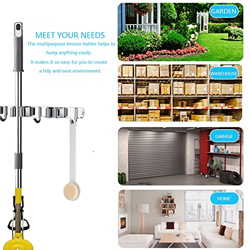Mop and Broom Hanger Wall Mount, stainless steel Broom Hook Organizer Wall Mounted, Heavy Duty Mop Holder Storage Rack - 3 Racks 4 Hooks for hanging brooms and mops