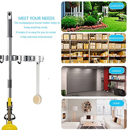 Mop and Broom Hanger Wall Mount, stainless steel Broom Hook Organizer Wall Mounted, Heavy Duty Mop Holder Storage Rack - 3 Racks 4 Hooks for hanging brooms and mops