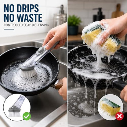Soap Dispensing Dish Brush, Kitchen Scrub Brush with Built-in Soap Dispenser for Pots, Pans, Sink, Dishes & Everyday Cleaning